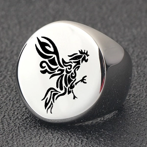 Polished stainless steel signet ring featuring a laser-etched rooster zodiac design