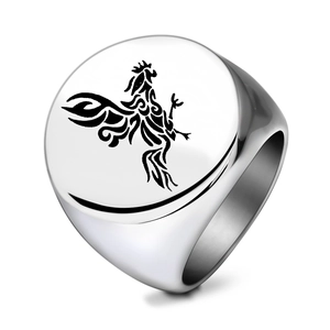 Polished stainless steel signet ring featuring a laser engraved tribal rooster design