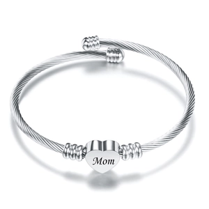 Stainless Steel Heart Mom Engraved Open Cuff Bangle Cable Wire Braided Bracelet For Women Mother's Day Jewelry Gift
