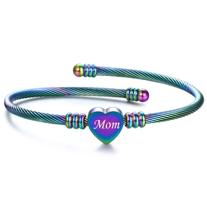 Macro detail of rainbow stainless steel cable bracelet with engraved Mom heart charm