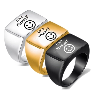 Anillo de Sello Rectangular de Acero Inoxidable Grabado con Láser Love Yourself Cara Sonriente Oro Plata Negro Banda para Hombre Mujer