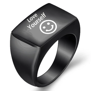 Anillo de sello en acero inoxidable negro cepillado con texto Love Yourself y smiley
