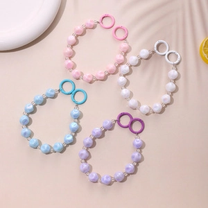 Colorful pastel beaded phone wrist strap with dual matching ring buckles in soft tones