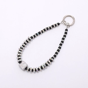 Luxurious handmade beaded phone chain with black pearls and sparkling crystal charms