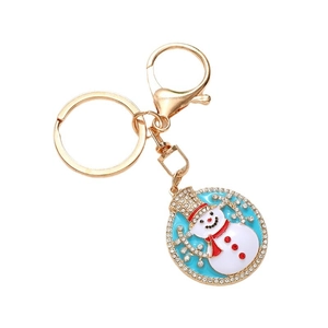 Porte-clés bonhomme de neige de Noël en alliage doré avec émail bleu et strass