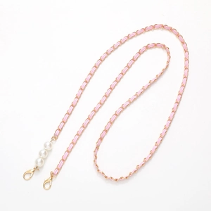 Pink leather woven chain phone strap with gold metal links and pearl charms