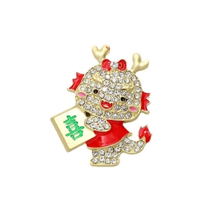 Festive Chinese Dragon brooch with red enamel, white rhinestones and a green Xi character