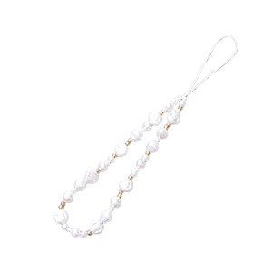 Elegant white pearl phone wrist strap with gold accents and secure loop for women