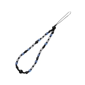 Beaded phone strap with black square beads and clear blue crystals on white background