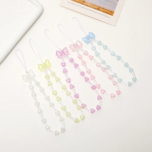 Detailed view of mermaid heart beaded phone straps with bows in five macaron pastel colors