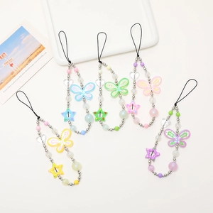Detailed set of candy-colored beaded phone charms with hand-painted butterfly and star motifs