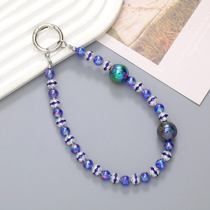 Iridescent blue-purple beaded phone charm with silver spring clasp and hollow beads