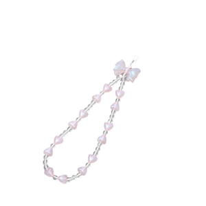 Y2K style pink heart beaded phone strap with iridescent beads and a cute ribbon bow