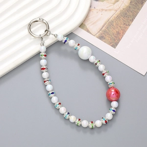 Elegant beaded phone charm with white and pink beads and colorful rhinestone spacers