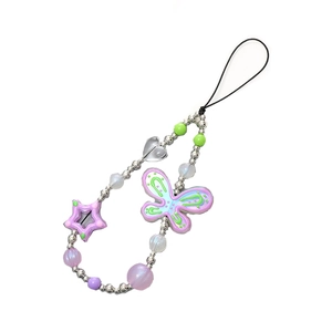 Handmade butterfly phone charm with purple stars and colorful candy-colored beads
