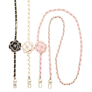 Elegant leather chain phone strap with camellia and pearls in black, white, and pink