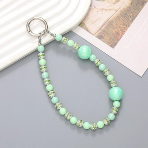 Chic mint green beaded phone charm with sparkling rhinestones and silver metal clasp