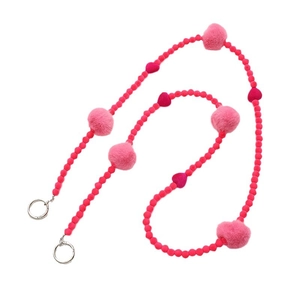 Pink plush beaded phone lanyard with fuzzy balls and heart charms with metal rings