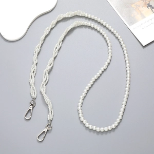 Long woven pearl phone lanyard with heart pendant and silver metal spring hooks