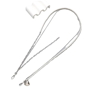 Dual-layer woven pearl and silver chain phone strap with a heart pendant and metal clasp