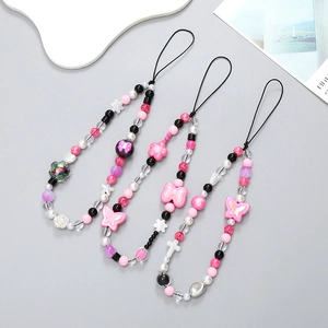 Y2K Handgefertigt Perlen Handykette Fallschutz Handgelenkschlaufe Damen Rosa Schwarz Weiß Harz Schmetterling Blume Herz Schleife