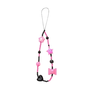 Pink and black Y2K beaded phone strap with flower, star and heart charms on white base