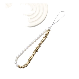 Irregular gold beads and white faux pearls beaded phone charm wrist strap for cases