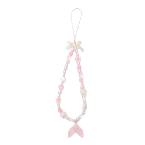 Pink pearl phone charm with shell fishtail pendant and cream bow strap accessory