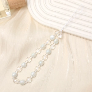 Short beaded phone strap with iridescent pearlescent beads and white wrist lanyard loop