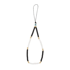 Minimalist black and white beaded phone wrist strap with blue evil eye bead and gold spacers