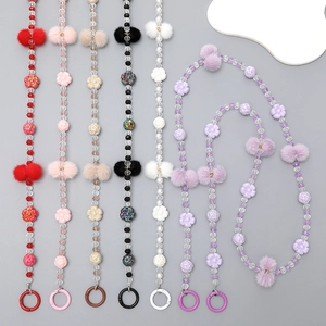 Sweet Floral Beaded Phone Chain Crossbody Bag Strap With Plush Ball Decor Acrylic Resin Handcrafted Lanyard For Women Jewelry