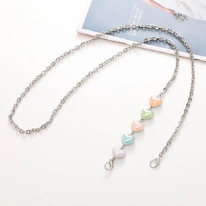 Crossbody mobile strap with silver chain and multi-color pearlescent heart charms