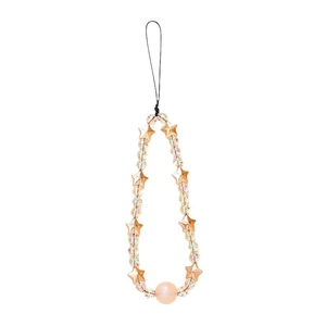 Handmade beaded phone strap with gold stars and glittery beads on a white background