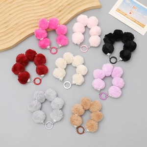 Handmade plush pom-pom keychain charms with elegant faux pearl beads in 8 vibrant colors