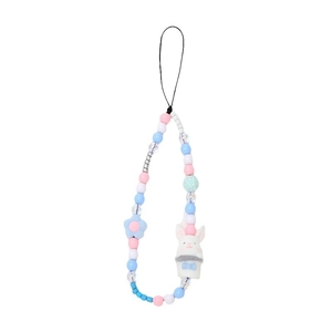 Pastel beaded phone wrist strap with cute white rabbit charm and colorful stars