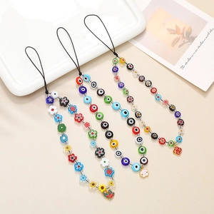 Handmade Glass Beaded Phone Chain Colorful Flower Evil Eye Phone Lanyard Anti-Loss Wrist Strap For Women Phone Decoration