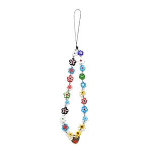 Handmade colorful millefiori glass flower phone strap with a red butterfly charm pendant