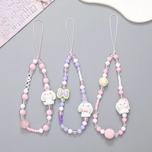 Handmade Beaded Phone Charm Cartoon Puppy Bunny Anti-Loss Lanyard Cute Acrylic Wrist Strap Case Accessory for Women Girls