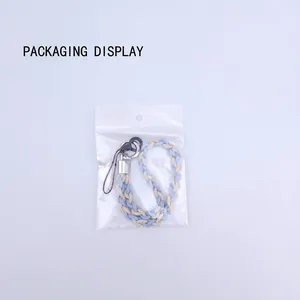 Blue and beige braided phone wrist strap with silver metal clasp and black ring