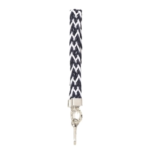 Blue and white woven lanyard with silver metal clasp for keys and phone cases