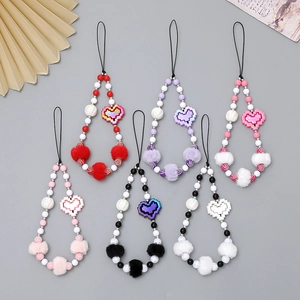 Handmade Beaded Phone Lanyard Pixel Heart Pendant Plush Ball Anti Lost Wrist Strap Short Mobile Phone Chain Decoration For Women