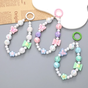 Cute Flower Butterfly Candy Beaded Keychain For Women Girl Acrylic Artificial Pearl Phone Chain Bag Charm Hand Strap Accessory