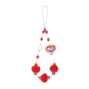 Handmade beaded phone strap with plush red balls and a colorful pixel heart pendant