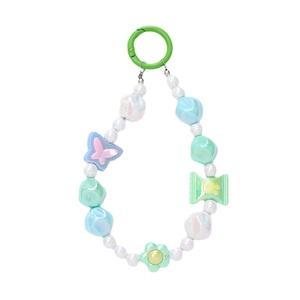 Colorful macaron flower and butterfly beaded phone charm with a green spring ring clasp