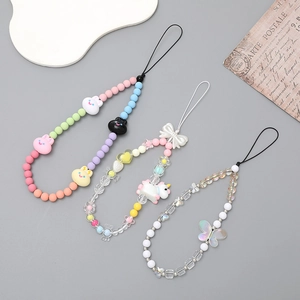 Cute Sweet Beaded Phone Lanyard Colorful Charm Hand Beaded Phone Case Hanging Rope Unicorn Rabbit Bow Strap For Women Bag Decor