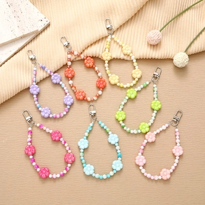Handmade Acrylic Colorful Flower Beaded Phone Strap Keychain Bag Charm For Women Sweet Floral Lanyard Pendant Accessories