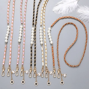 Elegant Artificial Pearl Camellia Flower Braided Leather Alloy Crossbody Chain For Bags Phone Case Elegant Women Bag Strap Accessories
