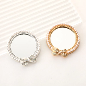 Round Portable Makeup Mirror With Artificial Pearl Border And Rhinestone Bow Decorative Compact Pocket Mirror For Women Girls Gift