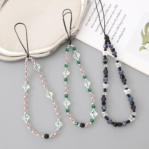 Trois lanières de téléphone en perles acryliques avec papillons et cristaux