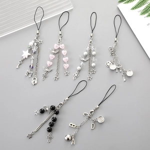 Handmade beaded phone charms with metal chains, pearls, and heart pendants, 6-piece set